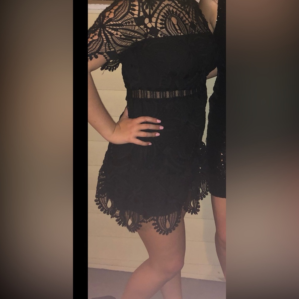 Black lace mini dress with see through mock neck - Picture 3 of 5